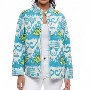 Patty Kim Teal Blue White Quilted Jacket XL Unique Buttons Lightweight